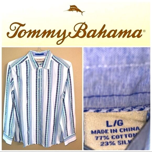 Large Tommy Bahama Blue-White LS Shirt - Picture 2 of 6